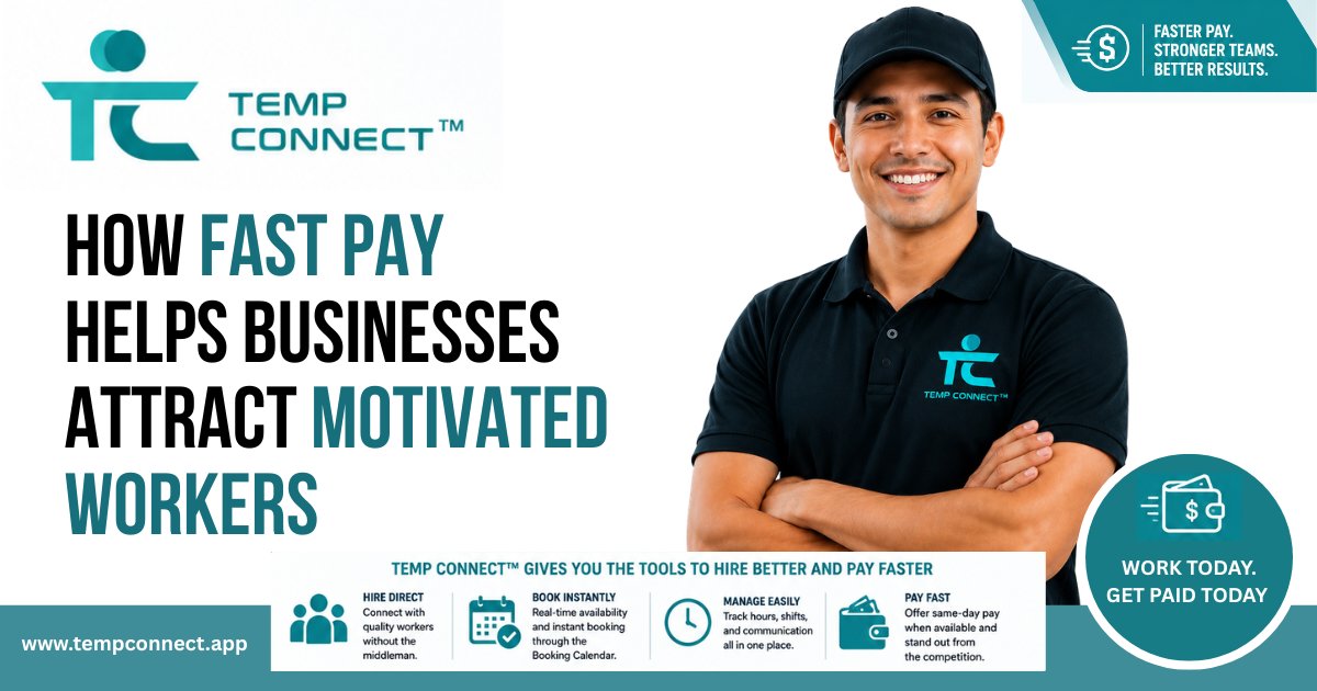 Temp Connect graphic explaining how fast pay helps businesses attract motivated workers