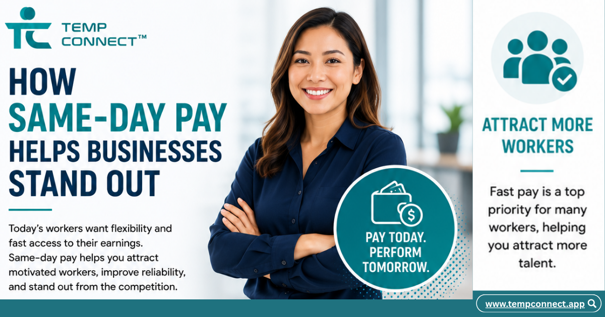 Temp Connect graphic explaining how same-day pay helps businesses stand out