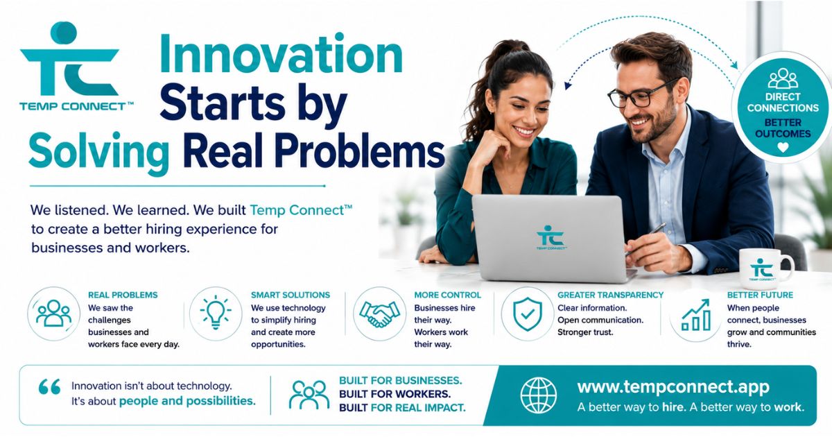 Professional graphic illustrating innovation through problem-solving with businesses and workers connected by Temp Connect™.