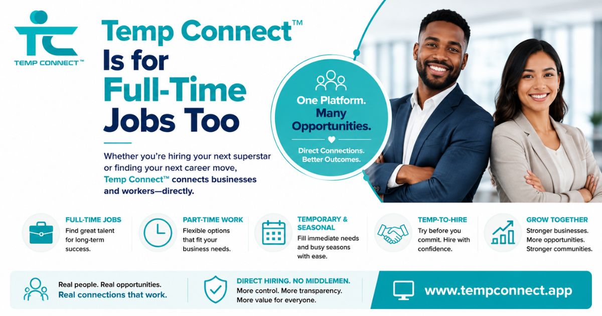Temp Connect™ graphic highlighting full-time, part-time, temporary, and flexible hiring opportunities.