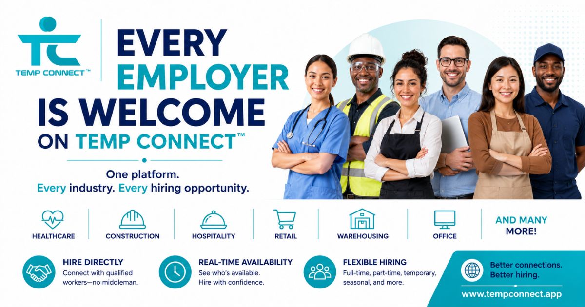 A diverse group of employers from different industries standing together, representing the inclusive hiring marketplace of Temp Connect™.