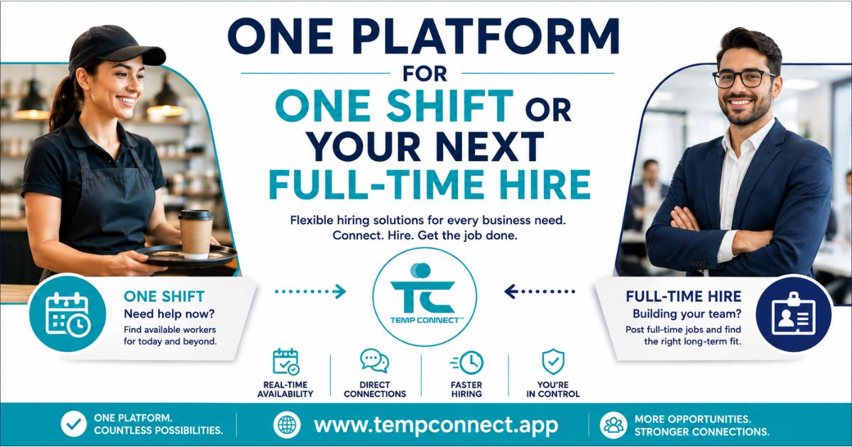 Temp Connect™ graphic showing businesses hiring workers for individual shifts and full-time employment through one workforce marketplace.