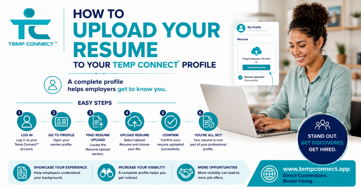 Worker uploading a resume to a Temp Connect™ profile using a laptop.