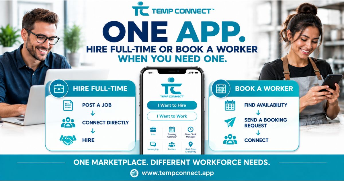 Temp Connect™ graphic showing employers can hire full-time or book a worker through one direct hiring marketplace.