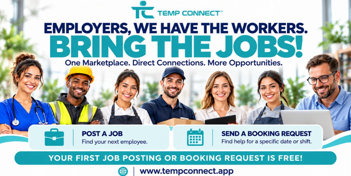 Temp Connect™ promotional graphic encouraging employers to post jobs and Booking Requests on a global direct hiring marketplace connecting businesses with workers