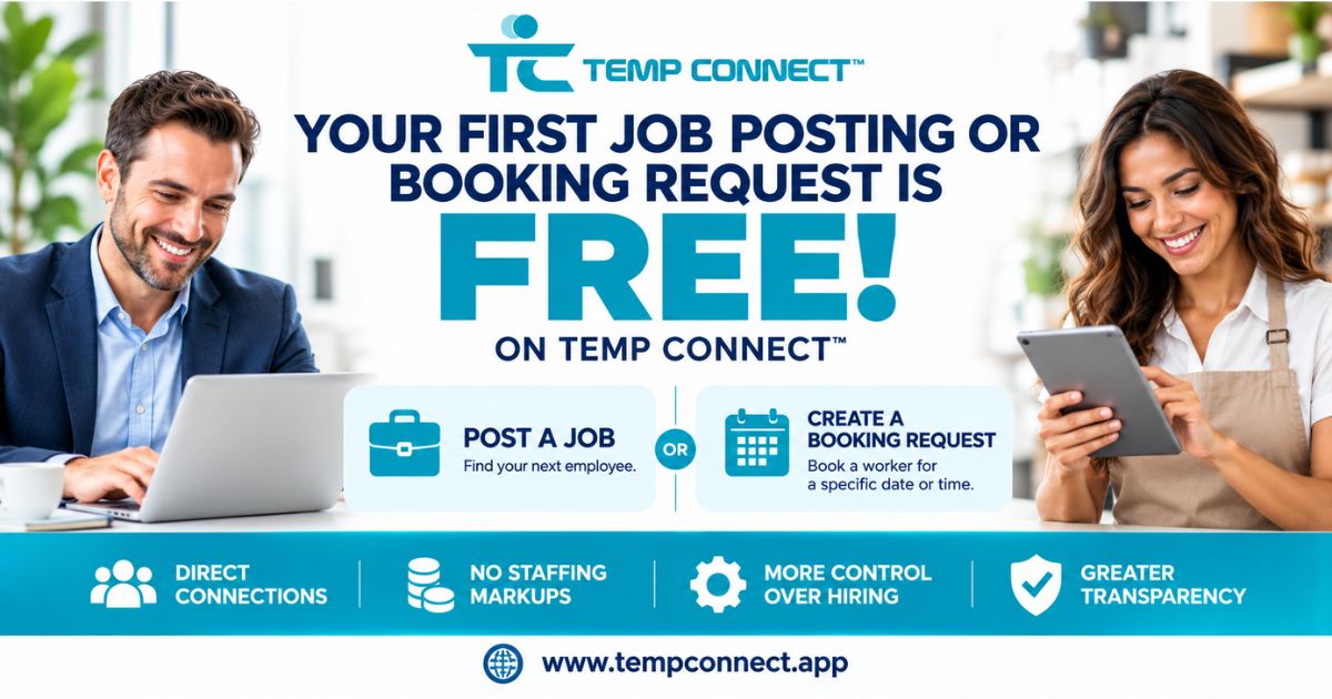 Temp Connect™ promotional graphic offering eligible businesses their first Job Posting or Booking Request free through a direct hiring marketplace.
