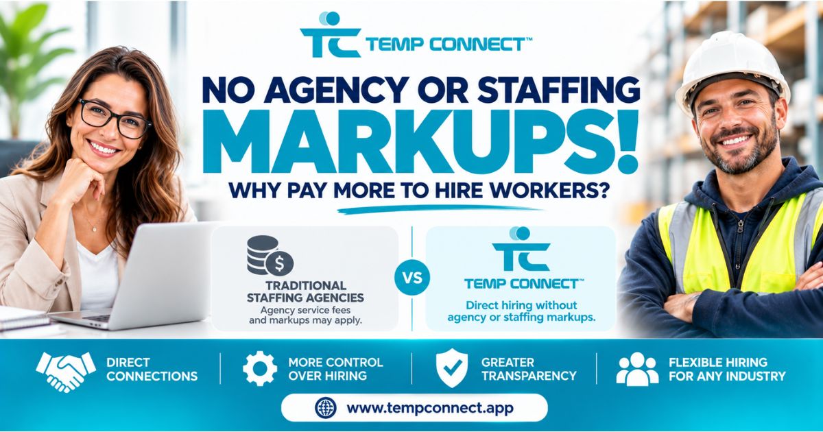 Temp Connect™ direct hiring marketplace graphic emphasizing no traditional agency or staffing markups and direct connections between businesses and workers.