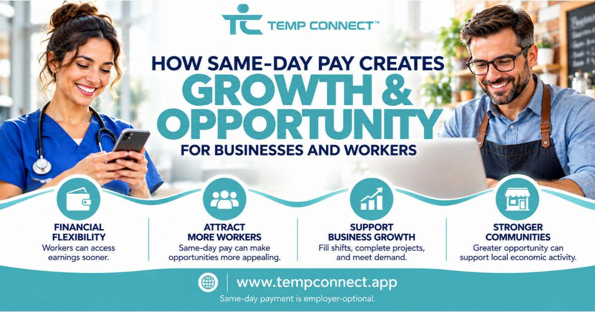 Temp Connect™ graphic showing how optional same-day pay can support worker financial flexibility, help businesses attract workers, and create economic opportunities.