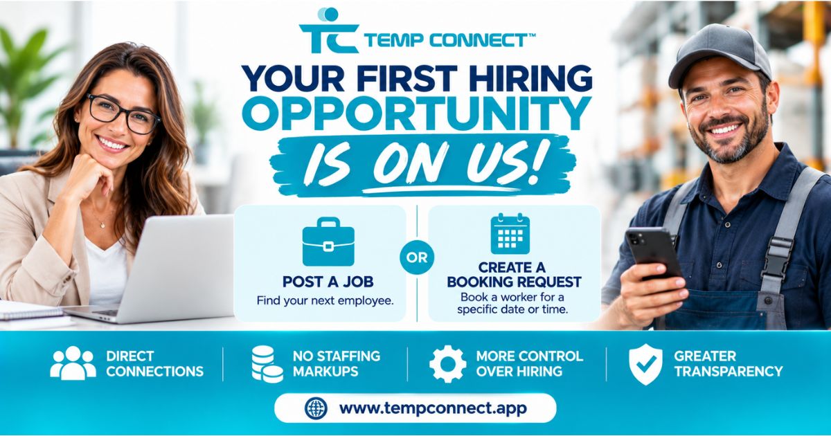 Temp Connect™ promotional graphic advertising a free first Job Posting or Booking Request for eligible new businesses.